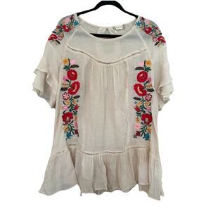 Altar’d State Short Sleeve Floral Boho Embroidered Ruffle Cream Blouse Size M
